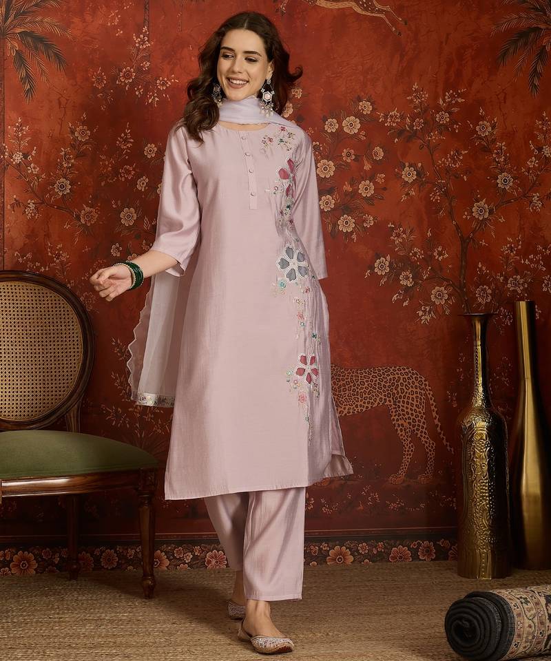 Mauve embroidered silk blend 3-piece suit set