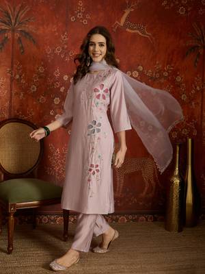 Mauve embroidered silk blend 3-piece suit set 2