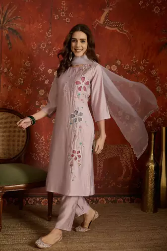 Mauve embroidered silk blend 3-piece suit set