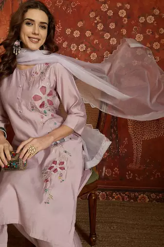 Mauve embroidered silk blend 3-piece suit set