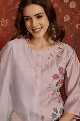 Mauve embroidered silk blend 3-piece suit set