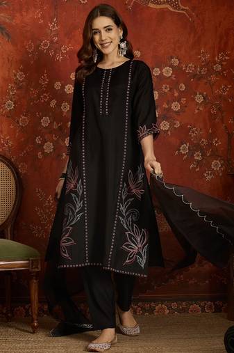 Black embroidered silk blend 3-piece suit set