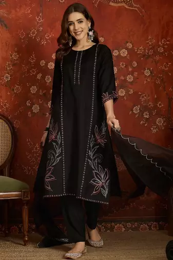 Black embroidered silk blend 3-piece suit set
