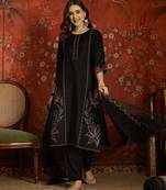 Black embroidered silk blend 3-piece suit set