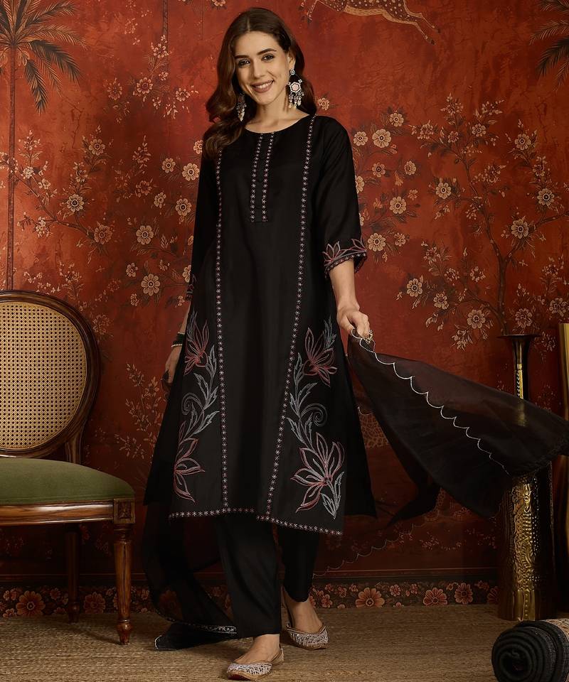 Black embroidered silk blend 3-piece suit set