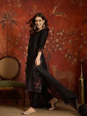 Black embroidered silk blend 3-piece suit set 2