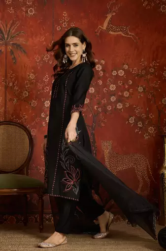 Black embroidered silk blend 3-piece suit set