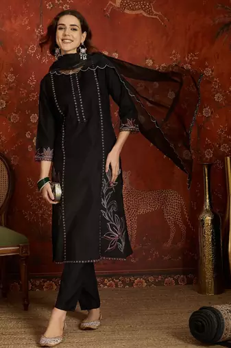 Black embroidered silk blend 3-piece suit set