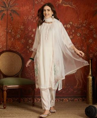 Off white embroidered silk blend 3-piece suit set 1