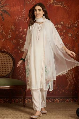 Off white embroidered silk blend 3-piece suit set