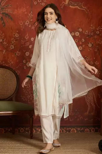 Off white embroidered silk blend 3-piece suit set