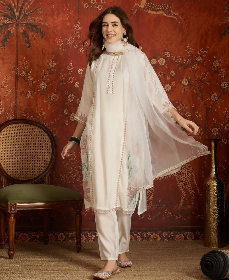 Off white embroidered silk blend 3-piece suit set