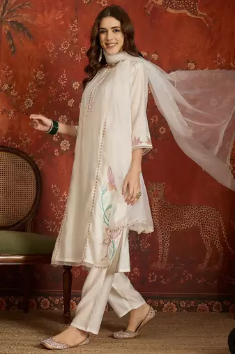 Off white embroidered silk blend 3-piece suit set