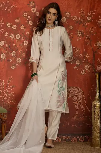 Off white embroidered silk blend 3-piece suit set