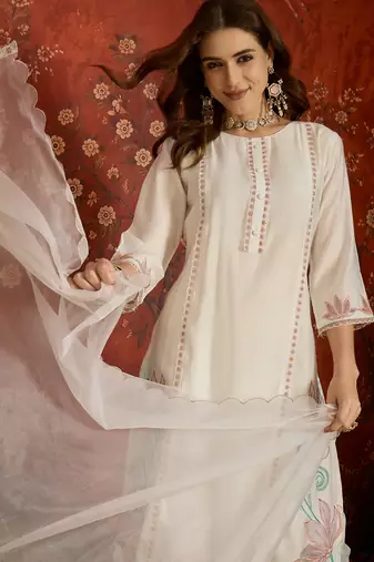 Off white embroidered silk blend 3-piece suit set