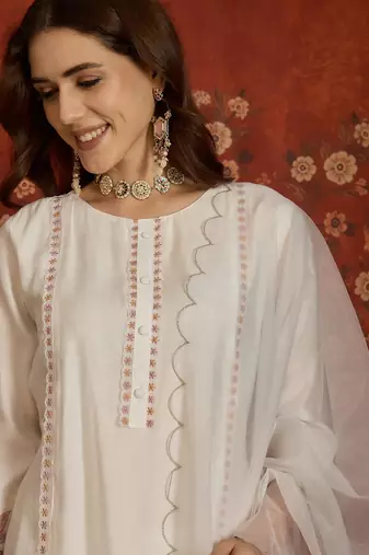 Off white embroidered silk blend 3-piece suit set