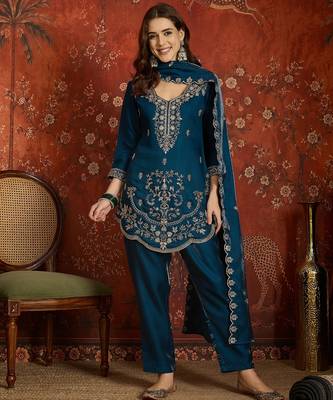 Navy blue embroidered silk blend 3-piece suit set 1