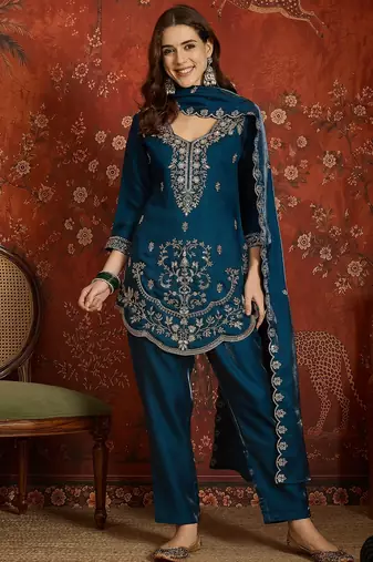 Navy blue embroidered silk blend 3-piece suit set