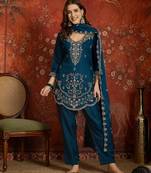 Navy blue embroidered silk blend 3-piece suit set