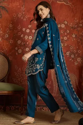 Navy blue embroidered silk blend 3-piece suit set
