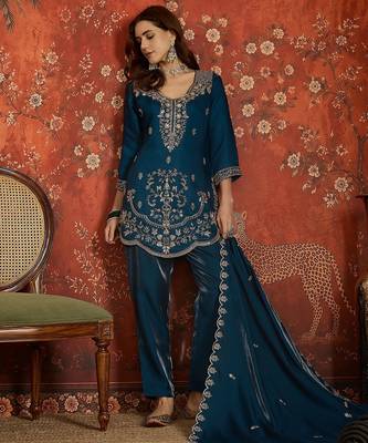 Navy blue embroidered silk blend 3-piece suit set 3