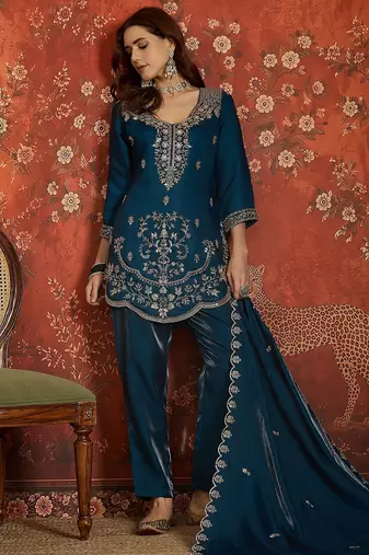 Navy blue embroidered silk blend 3-piece suit set