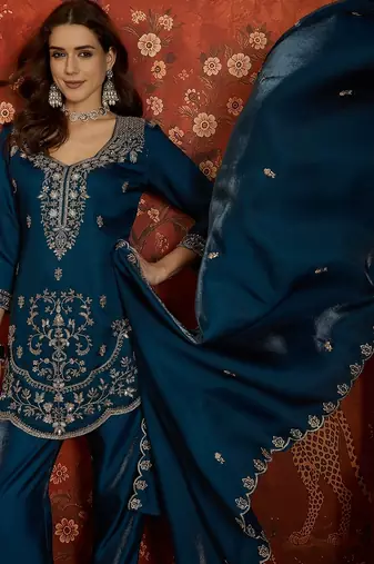 Navy blue embroidered silk blend 3-piece suit set