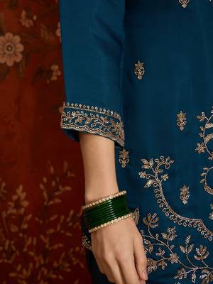 Navy blue embroidered silk blend 3-piece suit set 5