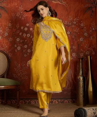 Mustard embroidered silk blend 3-piece suit set 1
