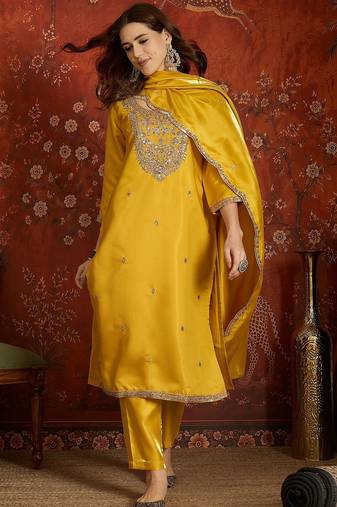Mustard embroidered silk blend 3-piece suit set