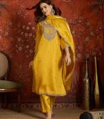 Mustard embroidered silk blend 3-piece suit set
