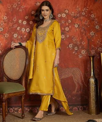 Mustard embroidered silk blend 3-piece suit set 2