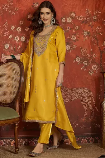 Mustard embroidered silk blend 3-piece suit set