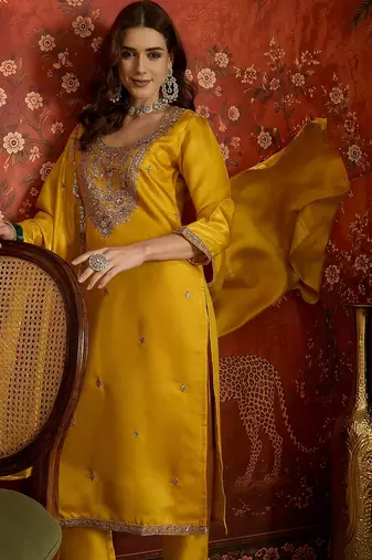 Mustard embroidered silk blend 3-piece suit set