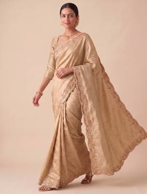 engaging beige-gold embroidery work with real bits work banarasi silk blend indian designer wedding saree 2