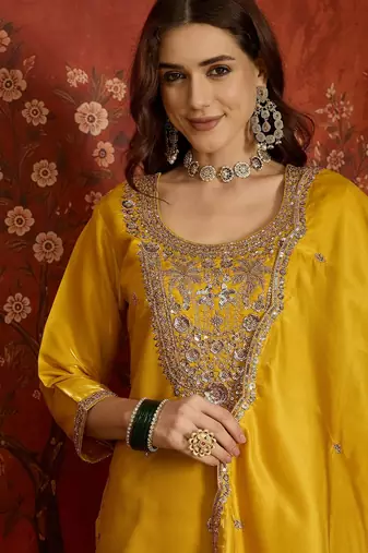 Mustard embroidered silk blend 3-piece suit set