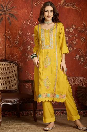 Mustard embroidered silk 3-piece suit set