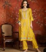 Mustard embroidered silk 3-piece suit set