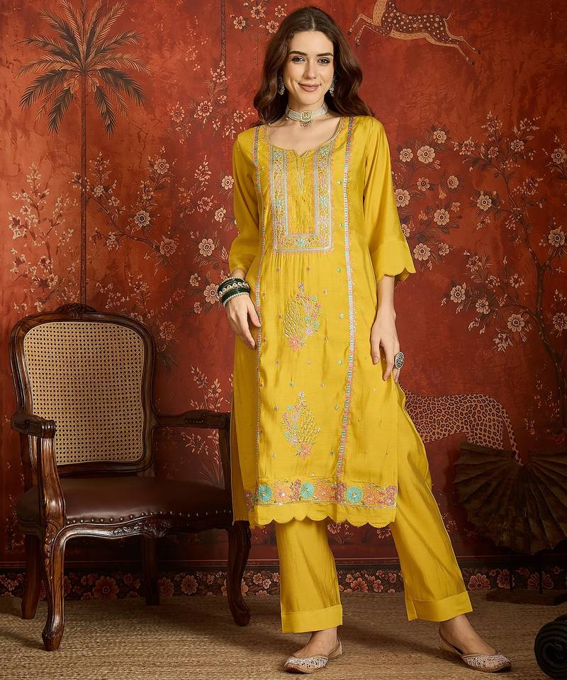 Mustard embroidered silk 3-piece suit set