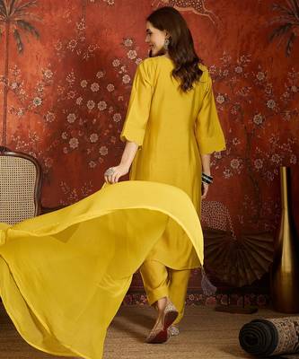 Mustard embroidered silk 3-piece suit set 2