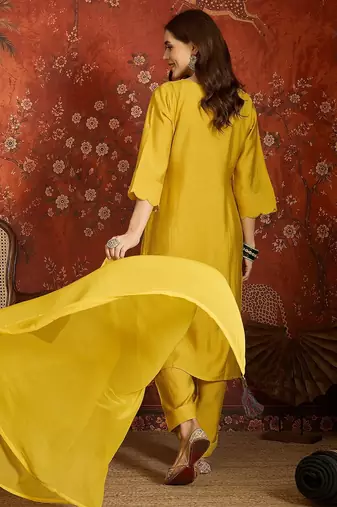 Mustard embroidered silk 3-piece suit set