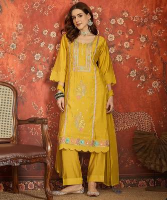 Mustard embroidered silk 3-piece suit set 3
