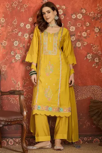 Mustard embroidered silk 3-piece suit set