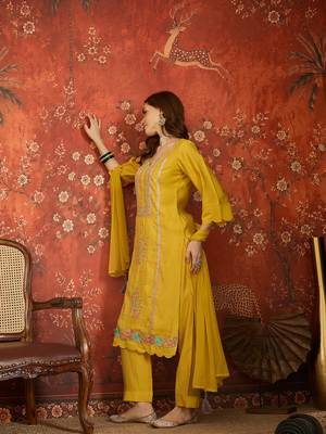 Mustard embroidered silk 3-piece suit set 4