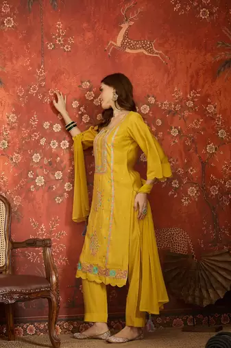Mustard embroidered silk 3-piece suit set