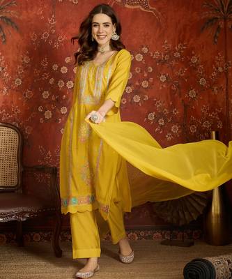 Mustard embroidered silk 3-piece suit set 5