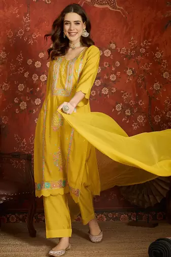 Mustard embroidered silk 3-piece suit set