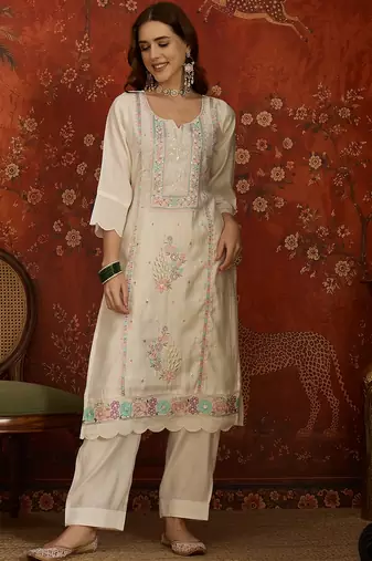 Off white embroidered silk 3-piece suit set