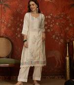 Off white embroidered silk 3-piece suit set