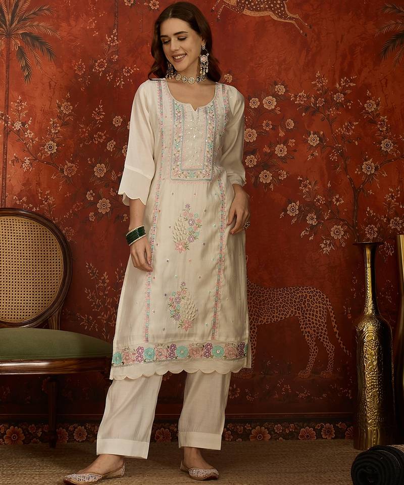 Off white embroidered silk 3-piece suit set